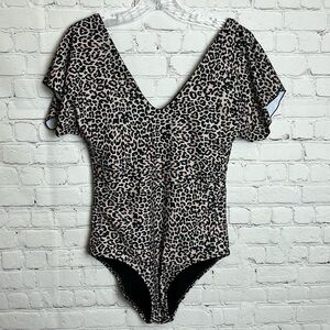 Byinns V-Neck Leopard Print Flutter Sleeve One-Piece Swimsuit